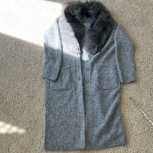 Express Gray Long Cardigan with Faux Fur Collar (removable)